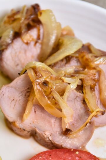Pork tenderloin with golden caramelized onions