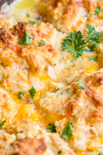 Close up of biscuits on chicken casserole.