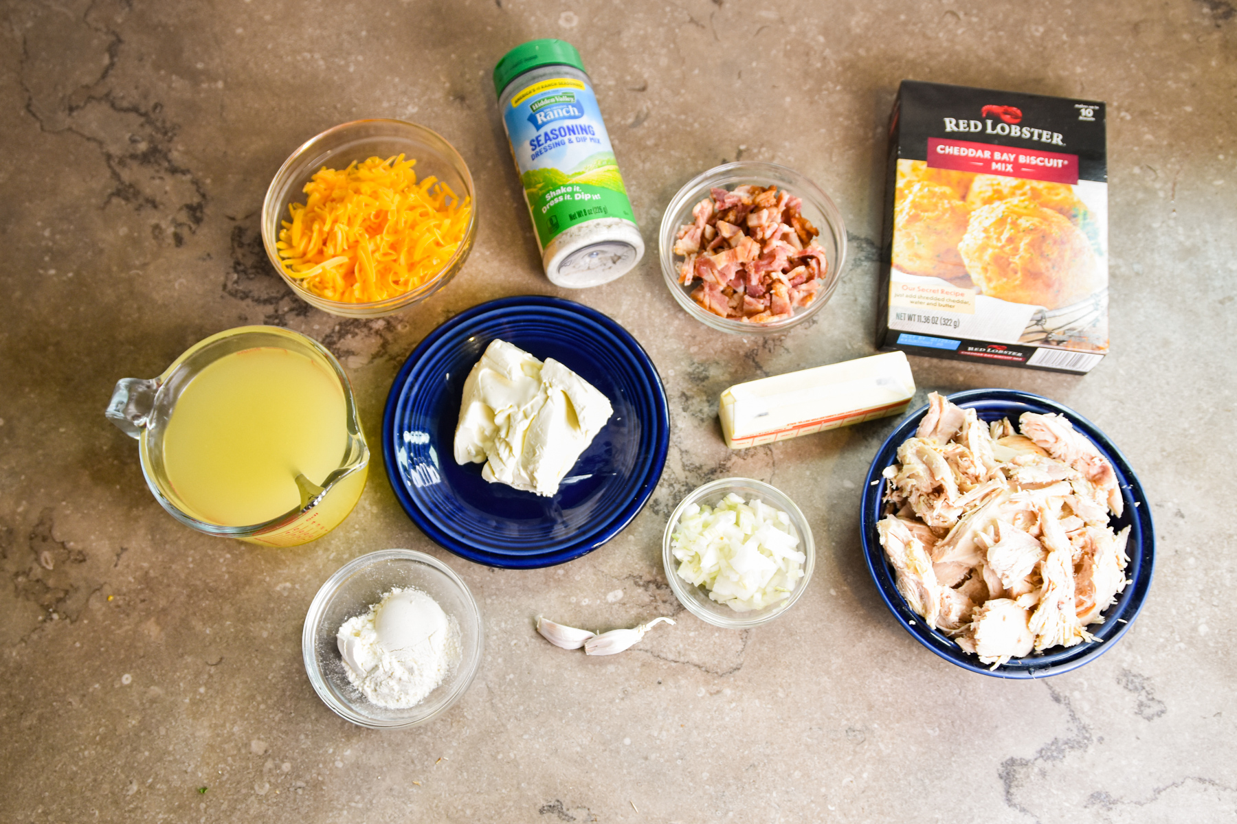 Ingredients for chicken bacon ranch biscuit casserole