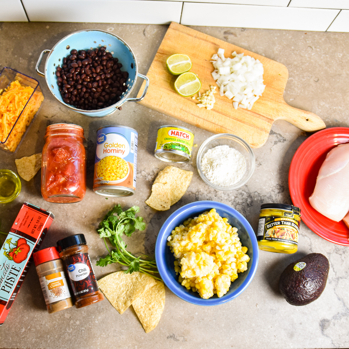 Ingredients needed to make enchilada soup.