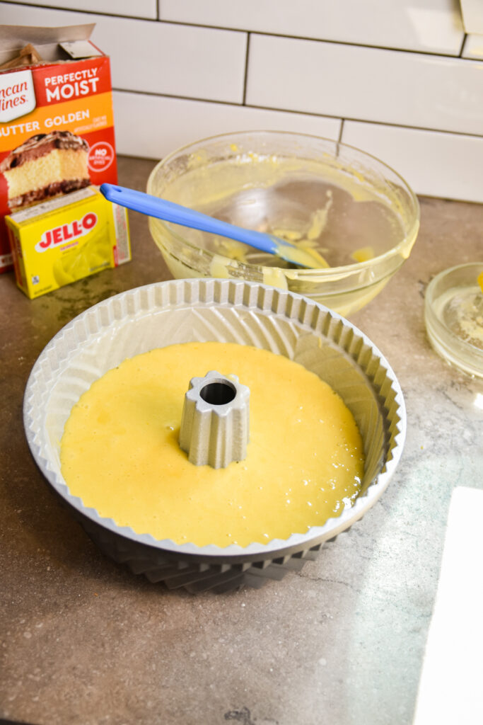 Jello cake batter in a bundt pan.