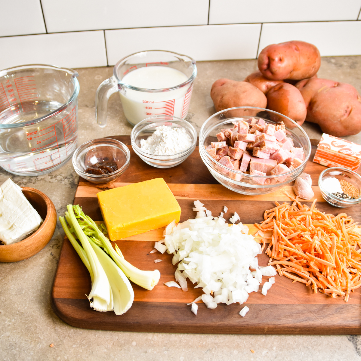 Ingredients for cheesy ham and potato soup.