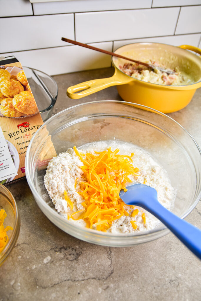 Making cheddar biscuits for casserole.