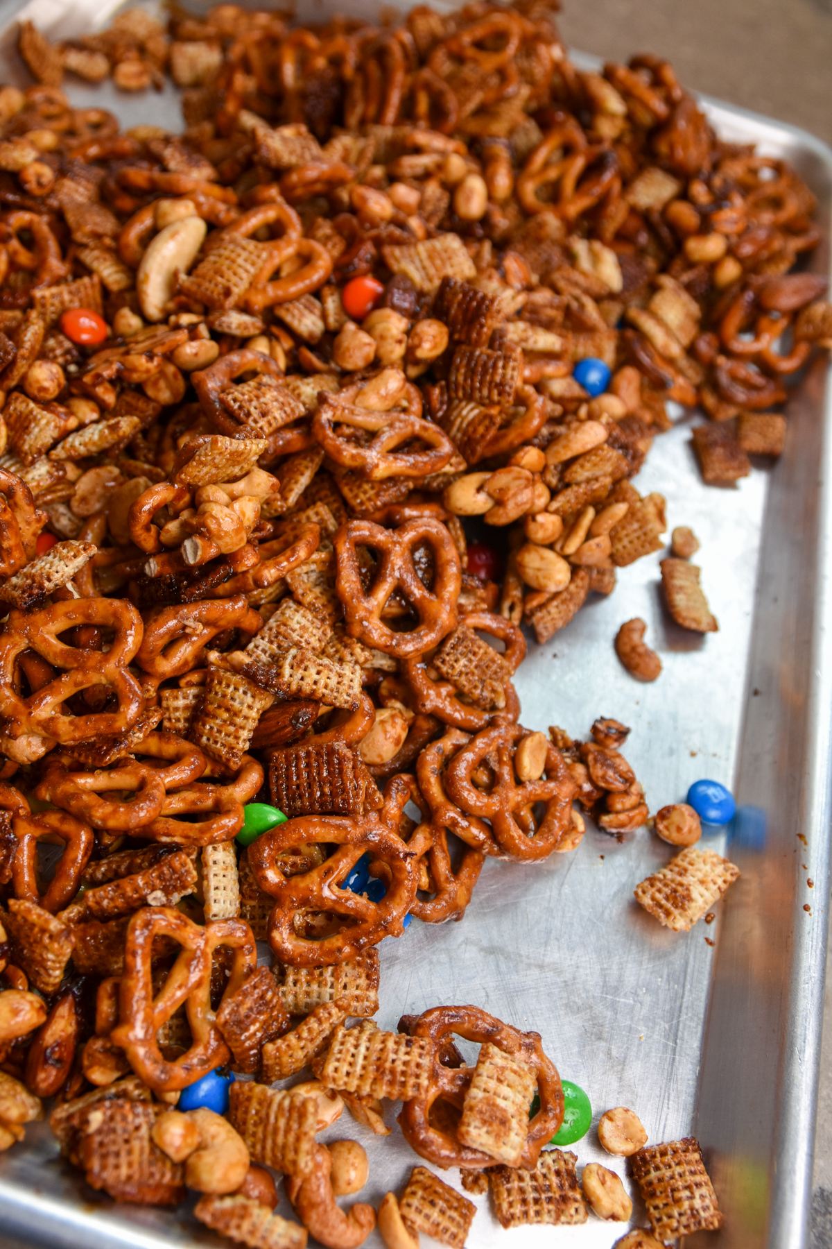 Close up of sorghum snack mix on cookie sheet