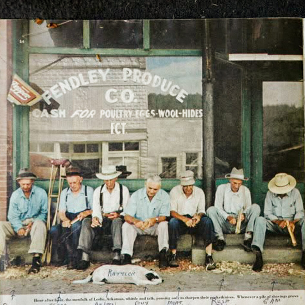 Whittling on the square in Leslie Arkansas.